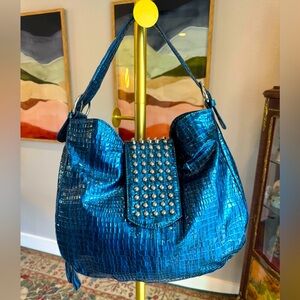 White House Black Market Blue Croc Faux Leather Bag